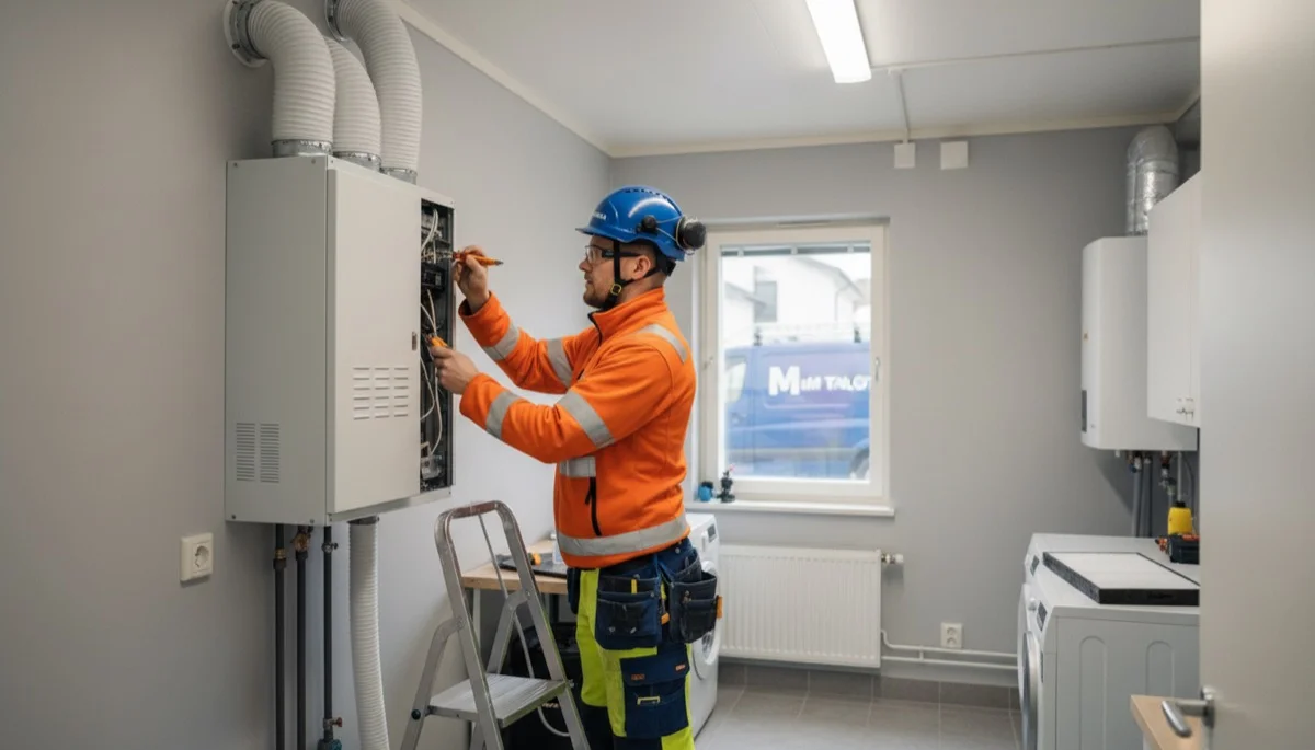 Teknikko huoltaa lämpöpumppua pirkkalalaisen omakotitalon pihalla